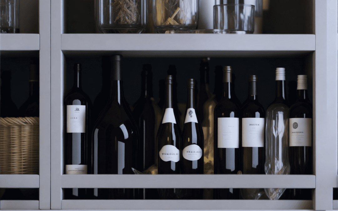 wine bottles on shelf in cabinet